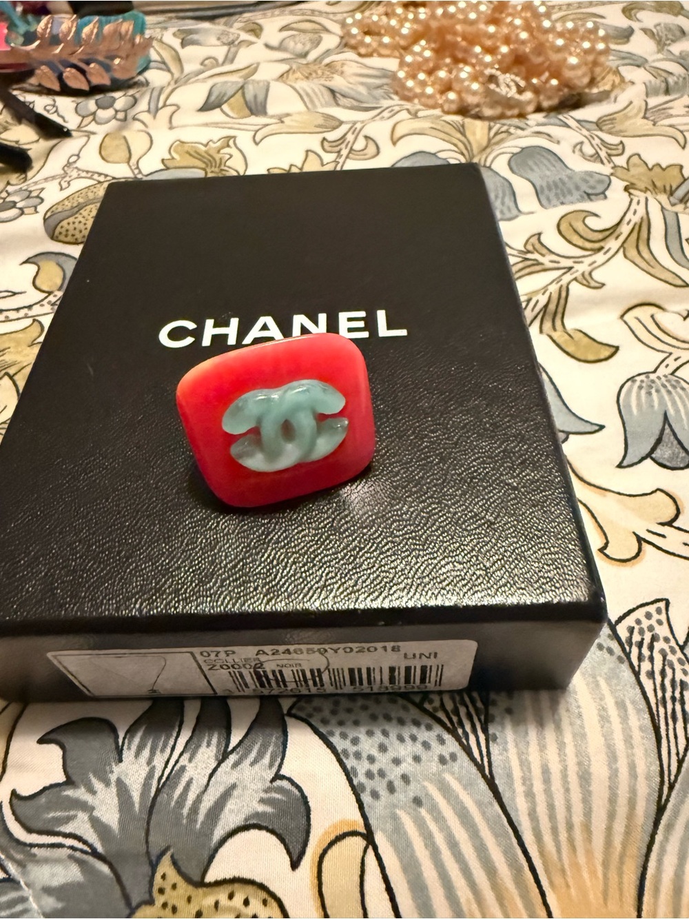 CHANEL Coral Pink Resin Hair Accessory with Aqua Logo Accent